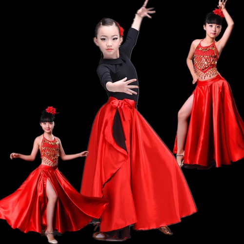 red colored flamenco skirts for kids children spanish bull dance wrap skirts hip scarf skirts